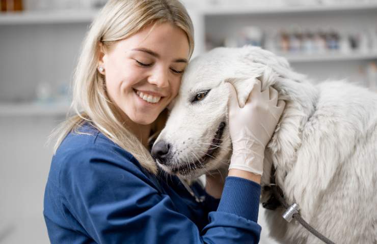 Una veterinaria che coccola un cane