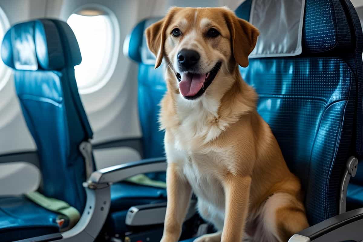 cane seduto sui sedili di un aereo